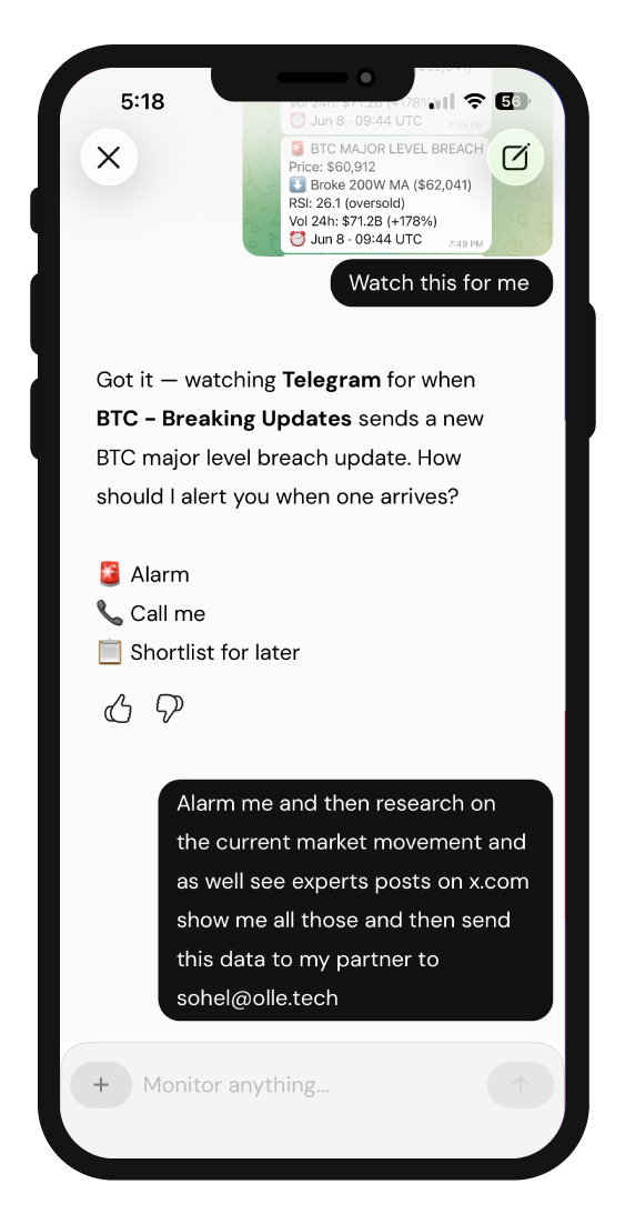 OLL.E chat: user asks to watch Telegram for BTC breach updates, chooses alarm, call or shortlist