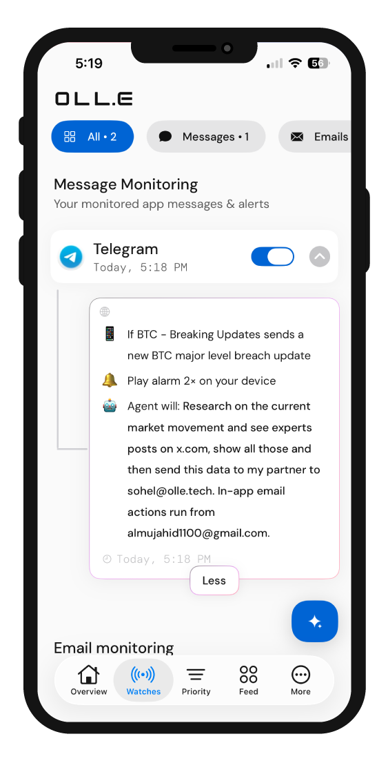 OLL.E watch card: alarm 2x on device, agent researches market movement and emails a partner